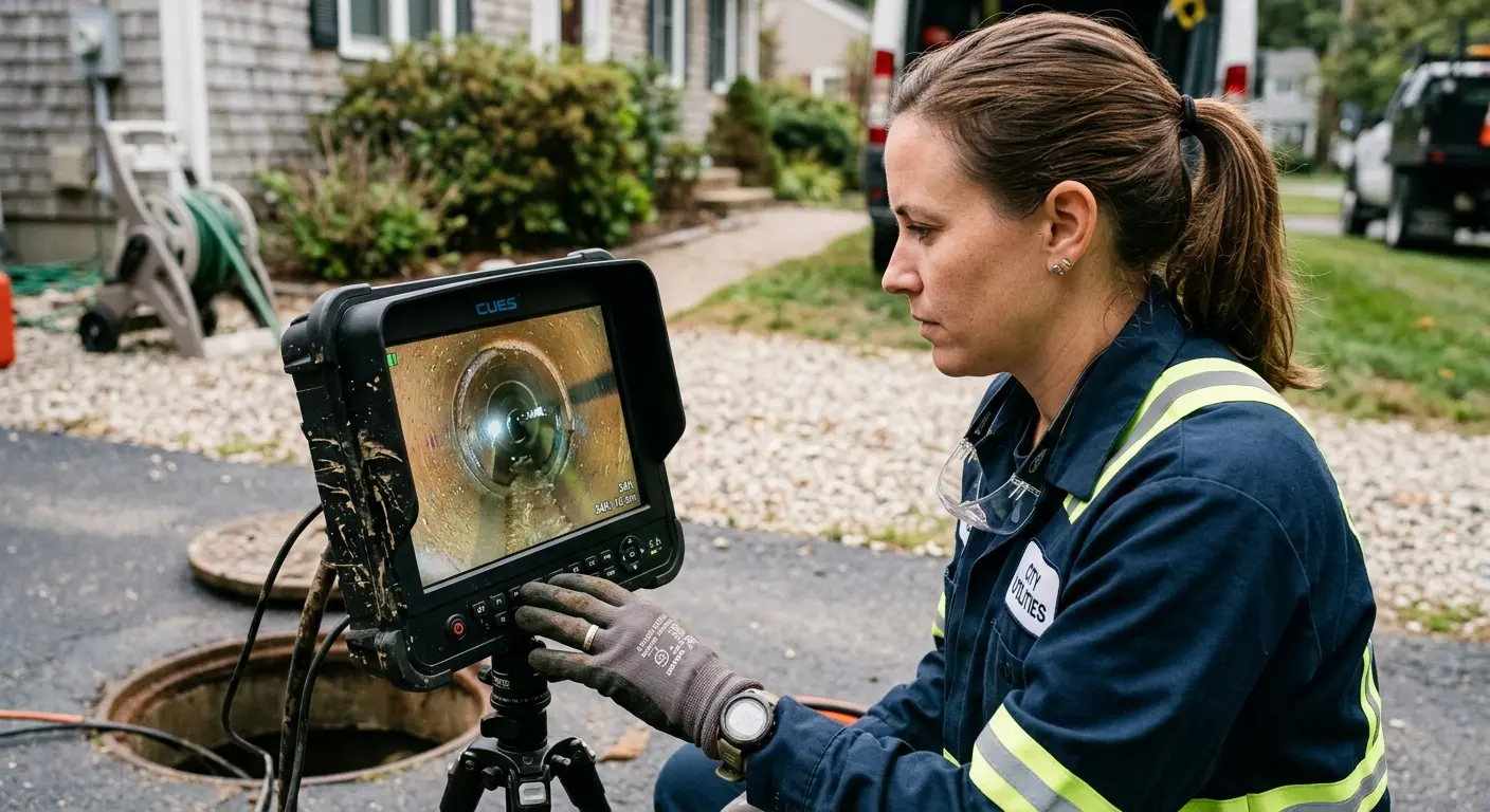 Technician reviewing sewer camera inspection footage in Galion
