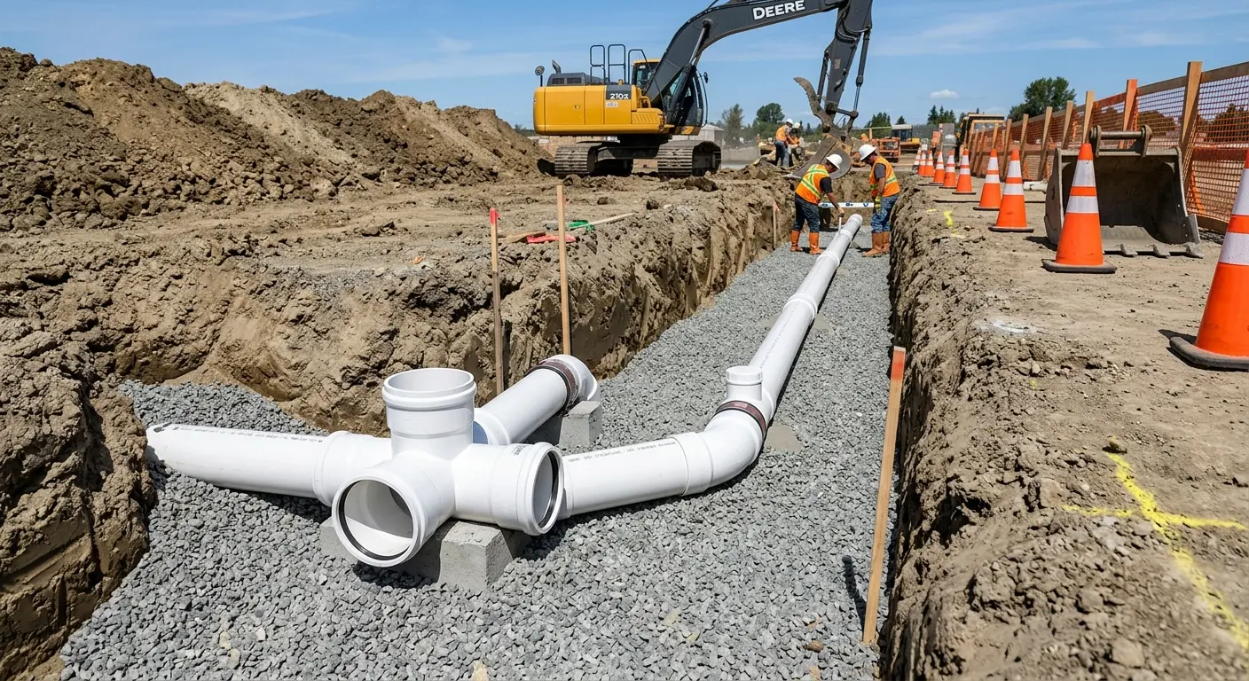 New PVC sewer pipe installation in open trench for Sewer Backup in Galion