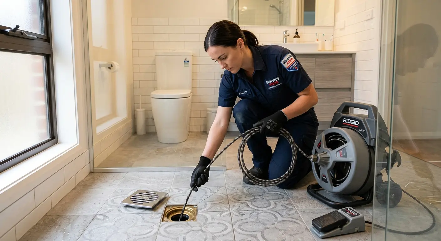 Technician clearing a bathroom floor drain for Drain Cleaning in Galion